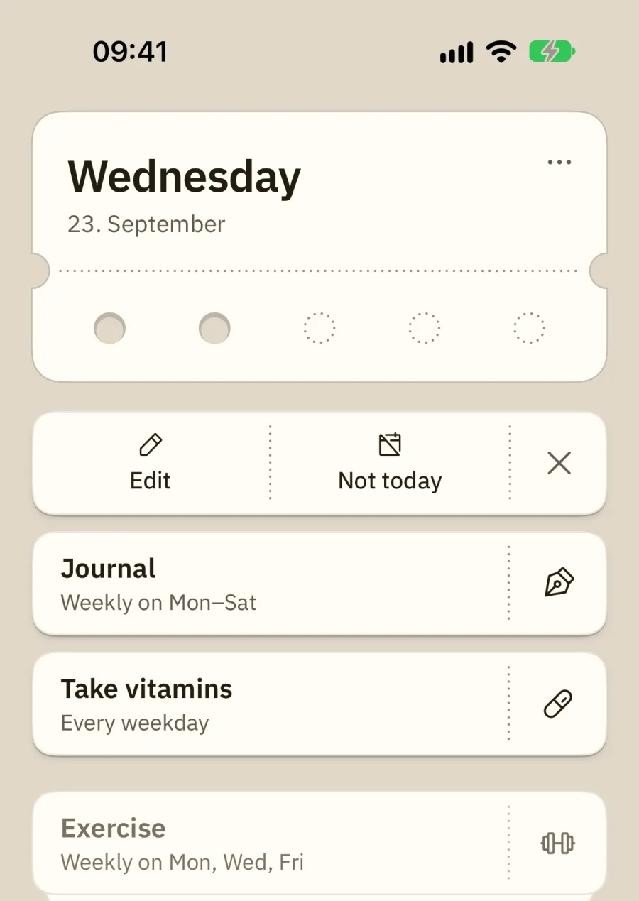 The app: a task turned over, showing Edit, Not today and a close button.