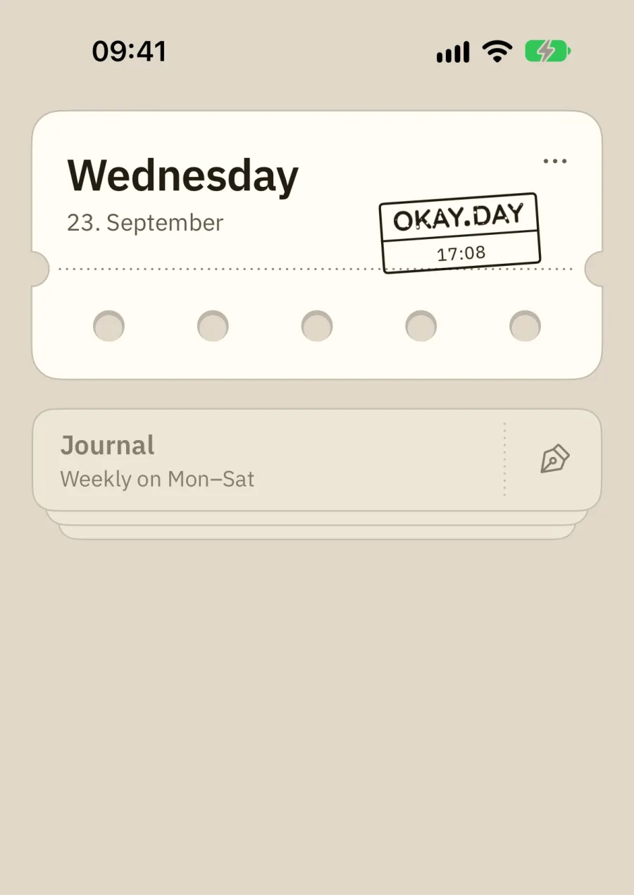 The app: all five holes punched and the ticket stamped OKAY.DAY at 18:44.