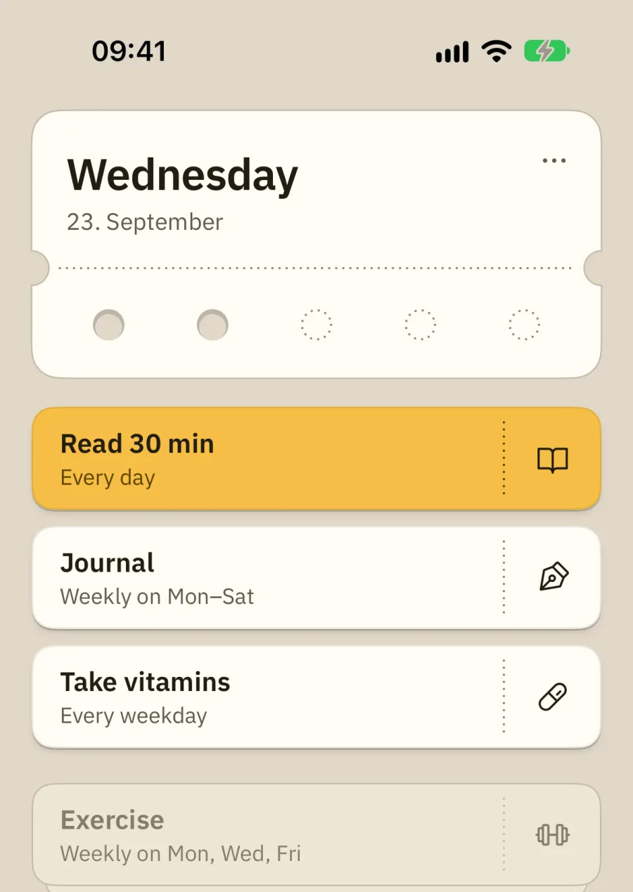 The app: two holes punched through the ticket. The done routines lie on a pile, and Read 30 min is on yellow.