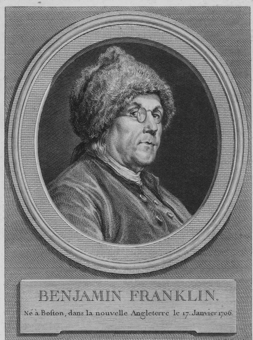 Engraved oval portrait of Benjamin Franklin in a fur cap and spectacles, above a plaque with his name.