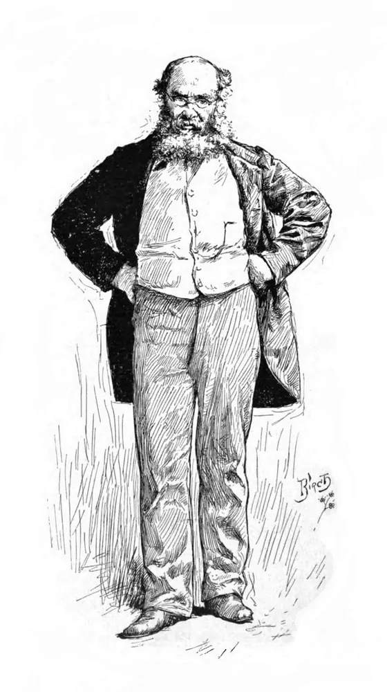 Pen drawing of Anthony Trollope standing with his hands on his hips: bald, bearded, in spectacles and a long coat.